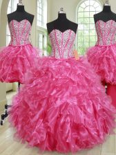  Four Piece Floor Length Ball Gowns Sleeveless Hot Pink 15 Quinceanera Dress Lace Up