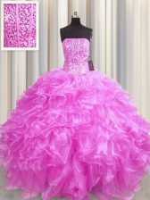 Cute Visible Boning Rose Pink Ball Gowns Beading and Ruffles Sweet 16 Dress Lace Up Organza Sleeveless Floor Length