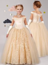  Off the Shoulder Tulle Cap Sleeves Floor Length Flower Girl Dresses and Lace