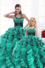  Turquoise Lace Up Quince Ball Gowns Beading and Appliques and Ruffles Sleeveless Floor Length