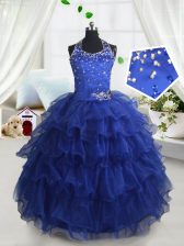  Halter Top Ruffled Floor Length Ball Gowns Sleeveless Royal Blue Little Girl Pageant Dress Lace Up