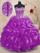 Fantastic Organza Sweetheart Sleeveless Lace Up Beading and Ruffles Vestidos de Quinceanera in Purple