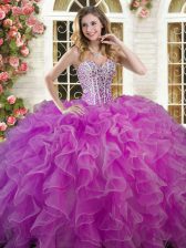 Stylish Floor Length Lace Up 15 Quinceanera Dress Lilac for Military Ball and Sweet 16 and Quinceanera with Beading and Ruffles