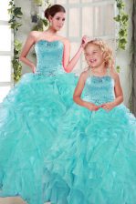 Super Turquoise Organza Lace Up Sweet 16 Dress Sleeveless Floor Length Beading and Ruffles