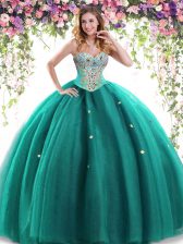  Dark Green Ball Gowns Beading Quinceanera Gown Lace Up Tulle Sleeveless Floor Length