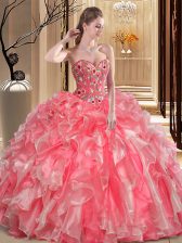  Sweetheart Sleeveless 15 Quinceanera Dress Floor Length Embroidery and Ruffles Watermelon Red Organza