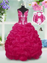  Red Little Girls Pageant Dress Party and Wedding Party with Beading and Pick Ups V-neck Sleeveless Lace Up