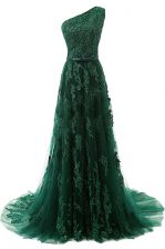  One Shoulder Dark Green Tulle Sweep Train Sleeveless Beading and Appliques