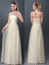  Halter Top Sleeveless Tulle Floor Length Lace Up Vestidos de Damas in Champagne with Lace and Appliques