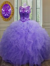  Lavender Bateau Lace Up Beading and Ruffles Sweet 16 Dress Sleeveless