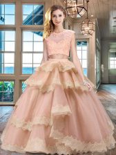  Scoop Peach Zipper Sweet 16 Dress Beading and Lace and Appliques and Ruffled Layers Cap Sleeves Floor Length