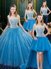  Four Piece Tulle Sleeveless Floor Length 15 Quinceanera Dress Brush Train and Lace