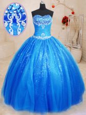 Comfortable Royal Blue Sleeveless Floor Length Beading and Appliques Lace Up Vestidos de Quinceanera