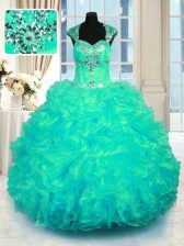  Cap Sleeves Lace Up Floor Length Beading and Ruffles Quince Ball Gowns