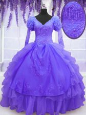 Fashionable Ball Gowns 15 Quinceanera Dress Purple V-neck Organza Long Sleeves Floor Length Lace Up