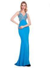  Baby Blue V-neck Clasp Handle Beading Prom Dresses Sleeveless