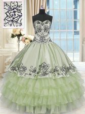 Modest Sleeveless Floor Length Beading and Embroidery and Ruffled Layers Lace Up Quinceanera Gowns with Yellow Green