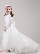  Scoop Long Sleeves Brush Train Lace and Bowknot Zipper Flower Girl Dresses for Less