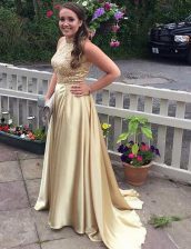  Gold A-line Satin High-neck Sleeveless Sequins Zipper Prom Evening Gown Brush Train