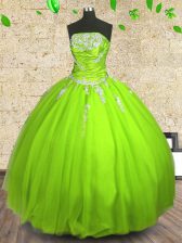  Ball Gowns Tulle Strapless Sleeveless Appliques and Ruching Floor Length Zipper Quinceanera Gowns