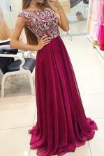 Exquisite Chiffon Cap Sleeves With Train Prom Gown Sweep Train and Beading
