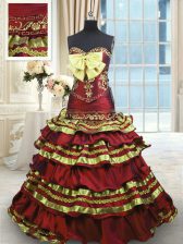 Lovely Sleeveless Sweep Train Lace Up Appliques and Embroidery and Ruffled Layers and Bowknot Quinceanera Dress