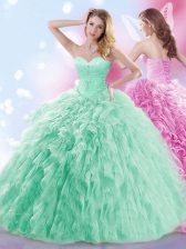 Fashion Apple Green Sleeveless Tulle Brush Train Lace Up Quinceanera Dresses for Military Ball and Sweet 16 and Quinceanera