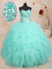 Designer Apple Green Ball Gowns Organza Sweetheart Sleeveless Beading and Ruffles Floor Length Lace Up Quinceanera Dress