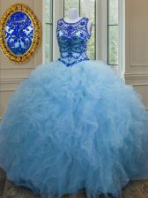 Graceful Baby Blue Ball Gowns Scoop Sleeveless Tulle Floor Length Lace Up Beading and Ruffles 15th Birthday Dress