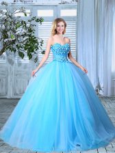  Floor Length Lace Up Quince Ball Gowns Baby Blue for Prom with Appliques