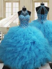 Hot Selling Baby Blue Scoop Lace Up Beading and Ruffles Ball Gown Prom Dress Sleeveless