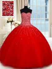 Chic Red Tulle Lace Up Quinceanera Dresses Sleeveless Floor Length Beading