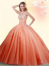 Pretty Floor Length Orange Red Ball Gown Prom Dress Tulle Sleeveless Beading