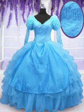 High End Baby Blue Lace Up V-neck Beading and Embroidery and Hand Made Flower Quinceanera Dresses Organza Long Sleeves