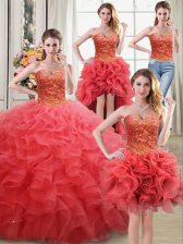 Smart Four Piece Beading and Ruffles Vestidos de Quinceanera Coral Red Lace Up Sleeveless Floor Length