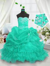 Most Popular Turquoise Little Girls Pageant Dress Party and Wedding Party with Beading and Ruffled Layers and Pick Ups Sweetheart Sleeveless Lace Up
