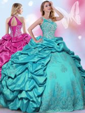  Teal 15th Birthday Dress Military Ball and Sweet 16 and Quinceanera with Beading and Lace and Appliques and Pick Ups Halter Top Sleeveless Lace Up