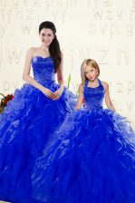 Sweet Sleeveless Floor Length Beading and Ruffles Lace Up Quinceanera Dress with Royal Blue