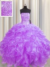  Visible Boning Lilac Ball Gowns Strapless Sleeveless Organza Floor Length Lace Up Beading and Ruffles Quinceanera Gown