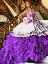  White And Purple Ball Gowns Organza Sweetheart Sleeveless Appliques and Embroidery Floor Length Lace Up Sweet 16 Quinceanera Dress