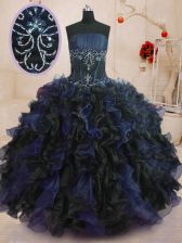 Hot Sale Blue And Black Organza Lace Up Strapless Sleeveless Floor Length Quinceanera Dress Beading and Ruffles