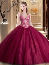 Fantastic Burgundy Spaghetti Straps Neckline Beading and Lace and Appliques Quinceanera Dresses Sleeveless Lace Up