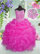  Baby Pink Lace Up Kids Pageant Dress Beading and Ruffles and Pick Ups Sleeveless Floor Length