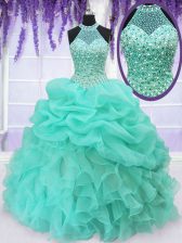  Halter Top Sleeveless Organza Floor Length Lace Up Quince Ball Gowns in Aqua Blue with Beading and Ruffles and Pick Ups