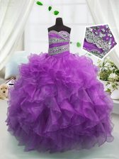 Cheap Purple Lace Up Casual Dresses Beading and Ruffles Sleeveless Floor Length
