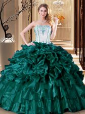  Ruffled Floor Length Ball Gowns Sleeveless Turquoise 15 Quinceanera Dress Lace Up
