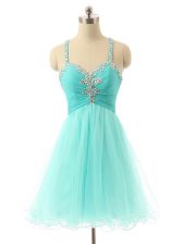 Vintage Aqua Blue Tulle Criss Cross Prom Evening Gown Sleeveless Mini Length Beading