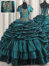 Traditional Pick Ups With Train Teal Quinceanera Gowns Sweetheart Sleeveless Brush Train Lace Up