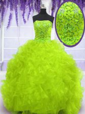 Ideal Yellow Green Lace Up Strapless Beading and Appliques and Ruffles Sweet 16 Dresses Organza Sleeveless Brush Train