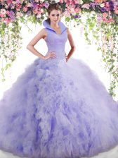 Exceptional Lavender Tulle Backless High-neck Sleeveless Floor Length Sweet 16 Dress Beading and Ruffles